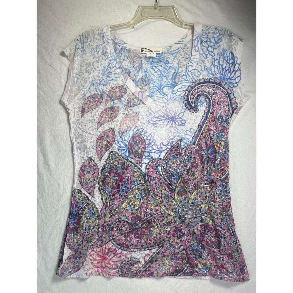 Imaginary Voyage Womens Y2K Paisley Burnout V-Neck Cap Sleeve Top Multi-Color L